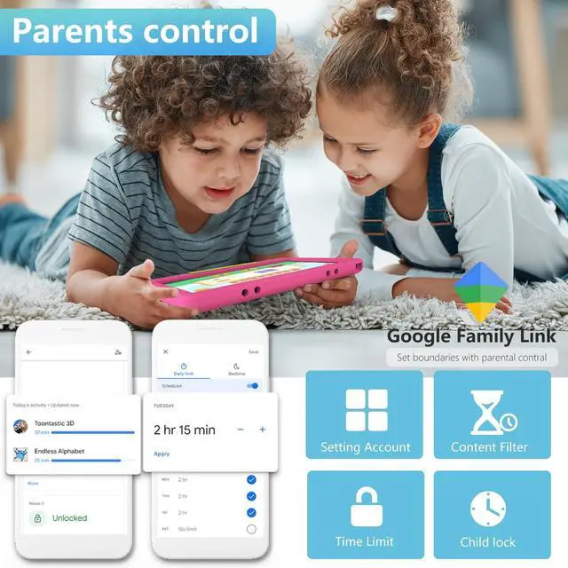 Alt view image 3 of 5 - YACXBTK Tablet for Kids 10.1 inch Android 14 6000mHA 8GB RAM+64GB ROM(Expandable to 1TB Kids Tablet Age 3-12 with Case& Lanyard WiFi6 Google Kids Space Parental Control 1280 * 800 HD Screen Pink
