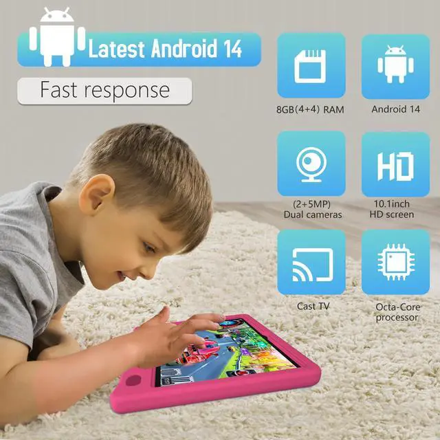 Alt view image 5 of 5 - YACXBTK Tablet for Kids 10.1 inch Android 14 6000mHA 8GB RAM+64GB ROM(Expandable to 1TB Kids Tablet Age 3-12 with Case& Lanyard WiFi6 Google Kids Space Parental Control 1280 * 800 HD Screen Pink