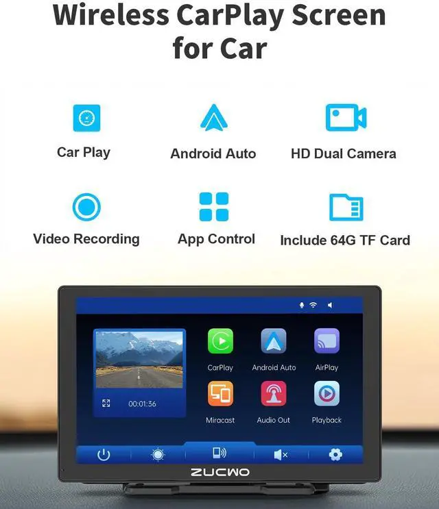 Alt view image 2 of 5 - ZUCWO 9 Inch Wireless CarPlay Screen for Car CarPlay and Android Auto HD Touchscreen Car Stereo with Bluetooth, 4K UHD Dash Cam with 64GB SD Card