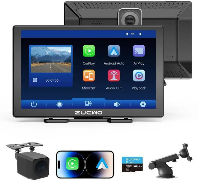 Main image of ZUCWO 9 Inch Wireless CarPlay Screen for Car CarPlay and Android Auto HD Touchscreen Car Stereo with Bluetooth, 4K UHD Dash Cam with 64GB SD Card