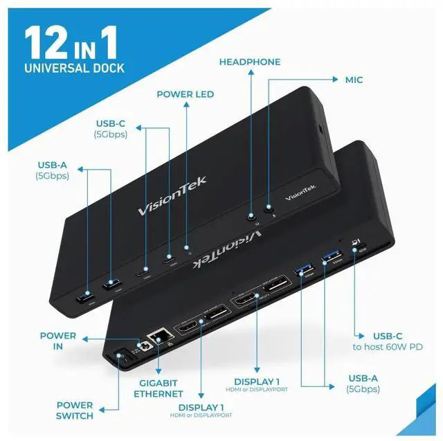 Alt view image 2 of 5 - VisionTek VT4500 12in1 Docking Station Dual Monitor 4K - x2 HDMI, x2 DisplayPort, 60W USB-C PD, x4 USB-A 3.0, x2 5Gbps USB-C, 3.5mm Audio Jack, & Ethernet - Compatible with Laptop, PC, and MacBook