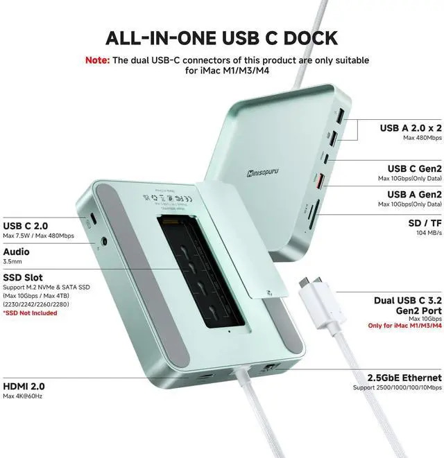 Alt view image 2 of 5 - Minisopuru iExpandMate DS802PRO iMac Accessories with 4K@60Hz HDMI, USB C Charging, 2.5GbE, 4TB M.2 SSD Enclosure, USB C Hub for iMac 24 inch M1/M3/M4, iMac Hub with 4xUSB, SD/TF, Audio | Green