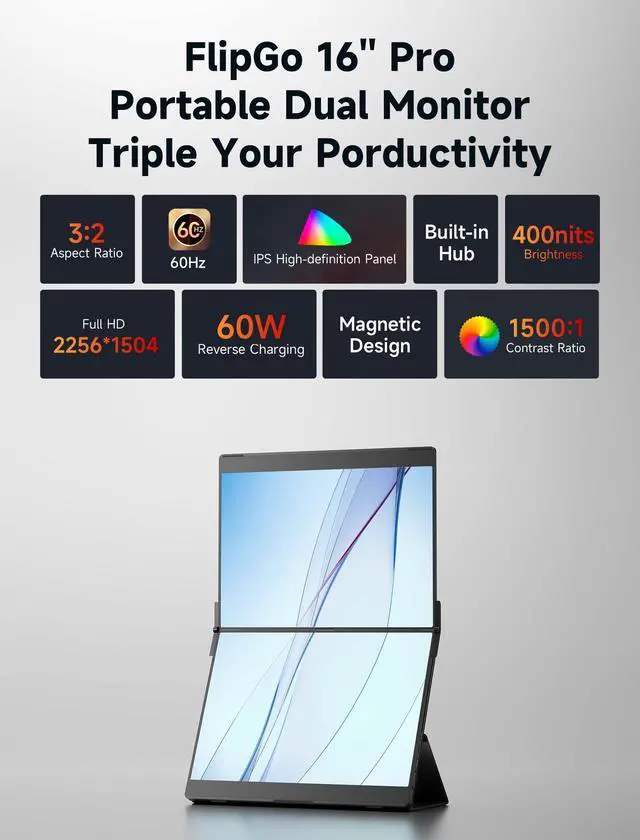 Alt view image 3 of 5 - JSAUX FlipGo Pro 13.5" 2.2K Dual Screen Portable Monitor & Flex Folio