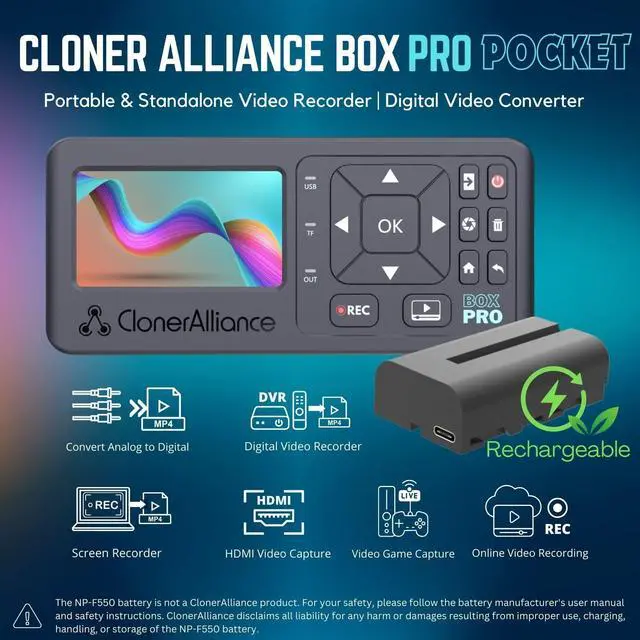 Alt view image 2 of 5 - ClonerAlliance Box Pro Pocket, Portable 1080p60fps Video Recorder and Converter with Built-in Screen, Battery Power, and Support for HDMI, RCA, YPbPr, VGA Inputs.