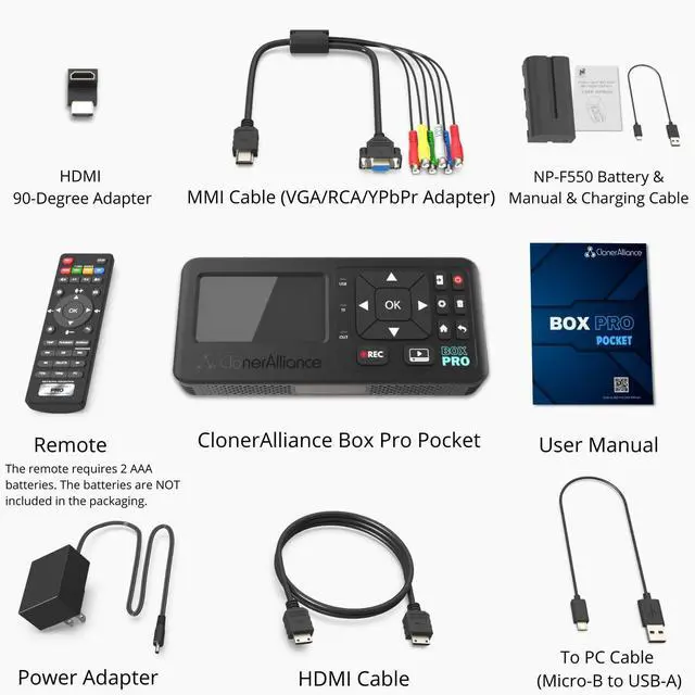 Alt view image 5 of 5 - ClonerAlliance Box Pro Pocket, Portable 1080p60fps Video Recorder and Converter with Built-in Screen, Battery Power, and Support for HDMI, RCA, YPbPr, VGA Inputs.