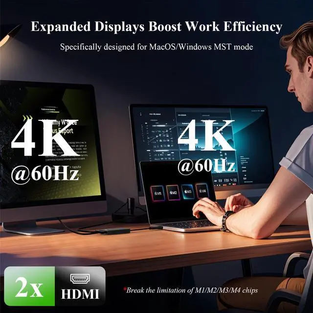 Alt view image 2 of 5 - USB C to Dual HDMI Adapter, DisplayLink Certified 4K@60Hz Dual Monitor Splitter, USB 3.1 to Dual HDMI Extender for for Windows 10/11 & MacBook M1/M2/M3/M4, Support for Dell/HP/Lenovo/Surface Laptops