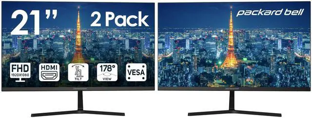 Main image of Packard Bell airFrame 21" FHD Monitor, 1920x1080, Ultrawide, VESA Mount, Tilt Adjust, HDMI/VGA, Slim Bezel, for Home, Office, and Light Gaming - 2 Pack