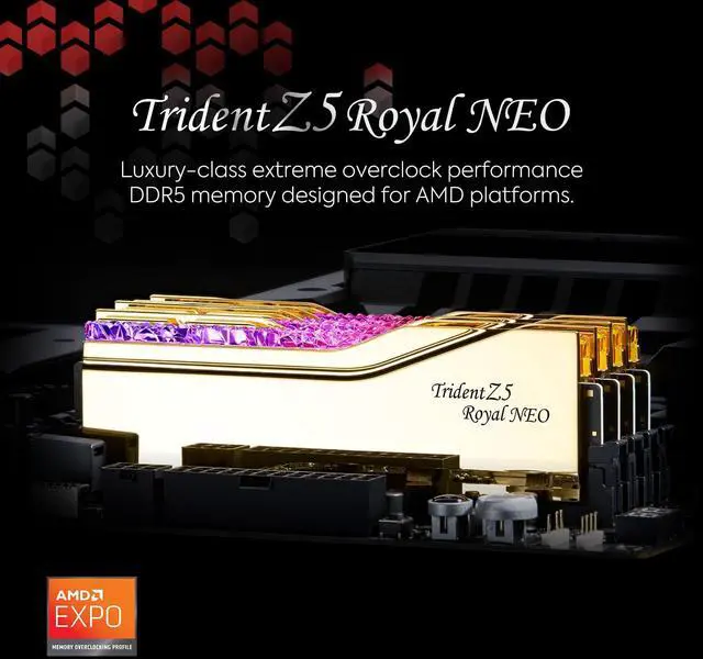 Alt view image 2 of 5 - G.SKILL Trident Z5 Royal Neo Series (AMD Expo) DDR5 RAM 32GB (2x16GB) 8000MT/s CL38-48-48-128 1.45V Desktop Computer Memory UDIMM - Gold (F5-8000J3848H16GX2-TR5NG)