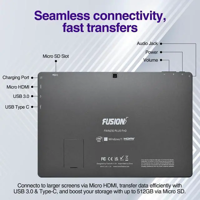 Alt view image 4 of 5 - Fusion5 10.1" Windows 11 Professional Tablet PC - Ultra Slim Full HD Windows Tablet Computer - 8GB RAM, 256GB M.2 SSD, 10 Inch Display, 5G WiFi, Intel Quad-Core CPU, USB 3.0, Micro HDMI, Dual Cameras