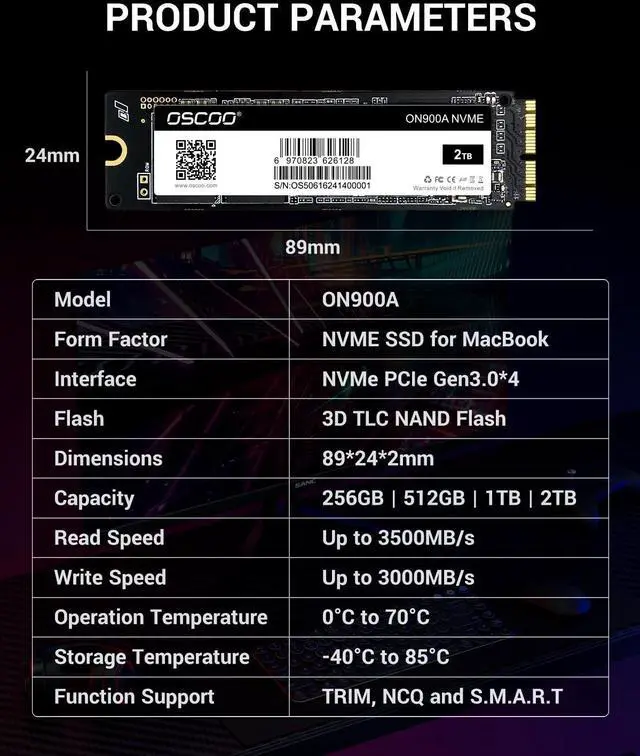 Alt view image 5 of 5 - ON900A NVMe SSD for MacBook, PCIe Gen 3.0 x4, 2TB, Read/Write up to 3500/3000 MB/s, Compatible with MacBook Air 2013-2017, MacBook Pro 2013-2016, Mac Mini 2014, iMac 2012-2018, and Mac Pro 2013
