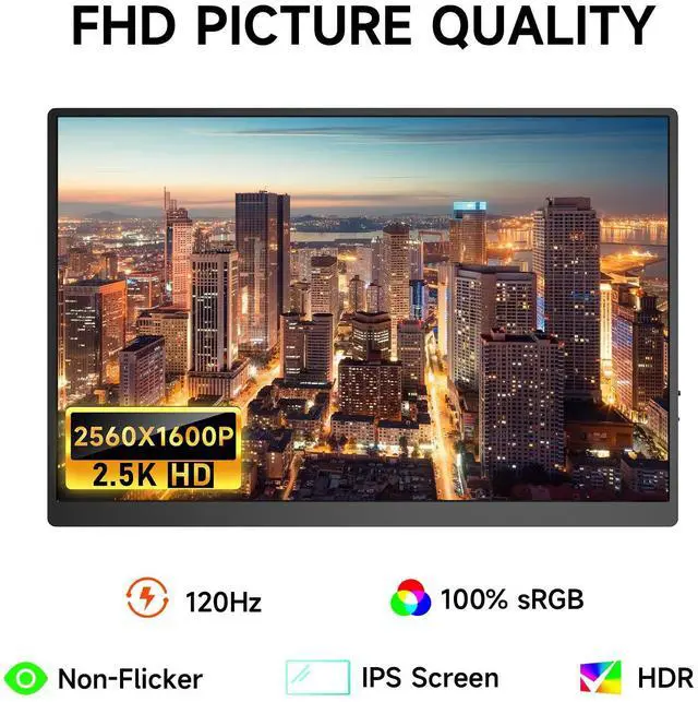 Alt view image 3 of 5 - AYY 16" 2.5K 120Hz Portable Monitor, 2560x1600 HDR IPS Display, QHD 100% sRGB, USB-C & HDMI, Eye Care External Second Screen, for Laptop/PC/Phone/PS4/5/Xbox/Switch