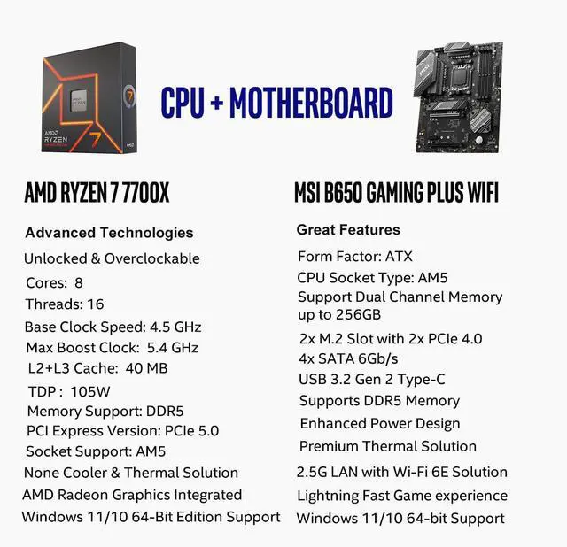 Alt view image 2 of 5 - INLAND AMD Ryzen 7 7700X CPU Processor with MSI B650 Gaming Plus WiFi Gaming Motherboard(AM5, ATX, DDR5, PCIe 4.0, Wi-Fi 6E), Sold by Micro Center
