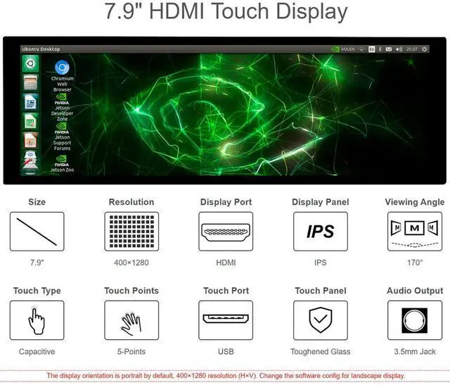 Alt view image 2 of 5 - waveshare 7.9inch HDMI LCD 7.9" 400x1280 Capacitive Touch Screen LCD IPS Display Monitor, Toughened Glass Cover Support Raspberry Pi/Jetson Nano/PC/Windows 10/Raspbian/Ubuntu/Kali/WIN10 IoT/Retropie