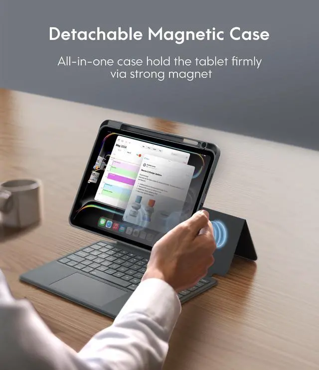 Alt view image 3 of 5 - CHESONA Rugged for iPad Pro 11 (M4) 2024 Case with Keyboard, Magnetic Detachable Case & 7-Color Backlit, Smart Trackpad, 15deg-180deg Adjustable Stand, Portrait/Landscape, Gray