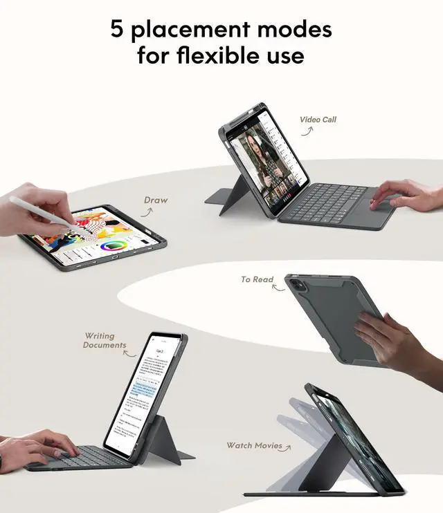 Alt view image 4 of 5 - CHESONA Rugged for iPad Pro 11 (M4) 2024 Case with Keyboard, Magnetic Detachable Case & 7-Color Backlit, Smart Trackpad, 15deg-180deg Adjustable Stand, Portrait/Landscape, Gray