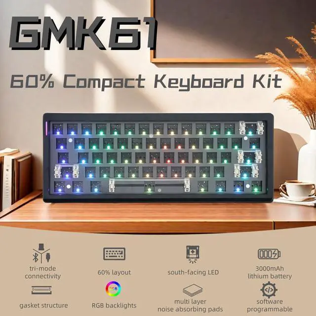 Alt view image 2 of 5 - Cmokifuly GMK61 60% Mechanical Keyboard Kit Tri-Mode South-Facing RGB LED Gaming Keyboard for 3/5pin Switches,61 Keys Hotswap Socket PCB Gasket Mounted Plate DIY Keyboard Kit (Black)