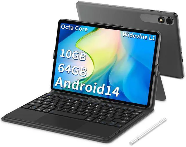 Main image of Android 14 Tablet, 10 inch Tablet with Keyboard, Octa-core Processor, 10GB RAM + 64GB ROM 1TB Expand, 8000mAh Battery, 1280x800 HD Display, Dual Camera, WiFi 5, BT5.0, GPS Google Tablets (Black)
