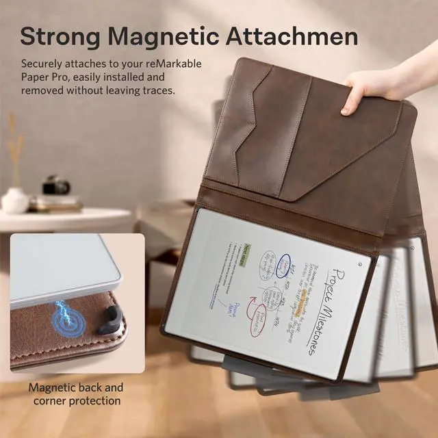 Alt view image 3 of 5 - CoBak Premium PU Leather Case for Remarkable Paper Pro 11.8" (2024) - Slim Magnetic Back Cover with Auto Sleep/Wake, Folder Design, Magnetic Pen Holder Strap, Brown Leather