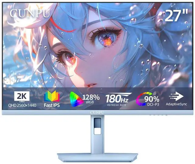 Main image of CUNPU 27 Inch Pastel Blue Gaming Monitor, QHD 2560x1440 Fast IPS 180Hz Computer Monitor, 90% DCI-P3, Adaptive Sync, Built- in Speaker, Height/Swivel/Tilt/Pivot Adjustable Stand, HDMI, Displayport