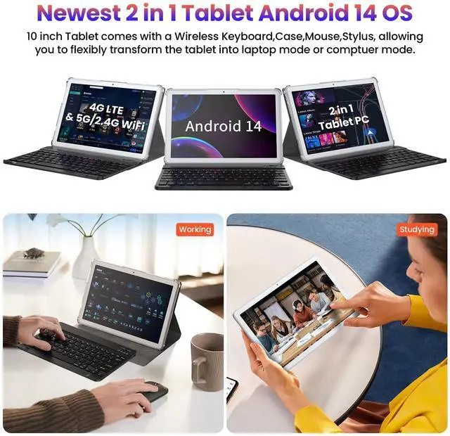 Alt view image 3 of 5 - DOMATON Tablet with Keyboard,2025 Android Tablets 14GB+128GB+1TB Expand, 10.1 Inch Tablet Octa-Core 2-in-1 Tablets with Incell Screen,5G WiFi & 4G LTE,7000 mAh,Face Unlock,Mouse,Case