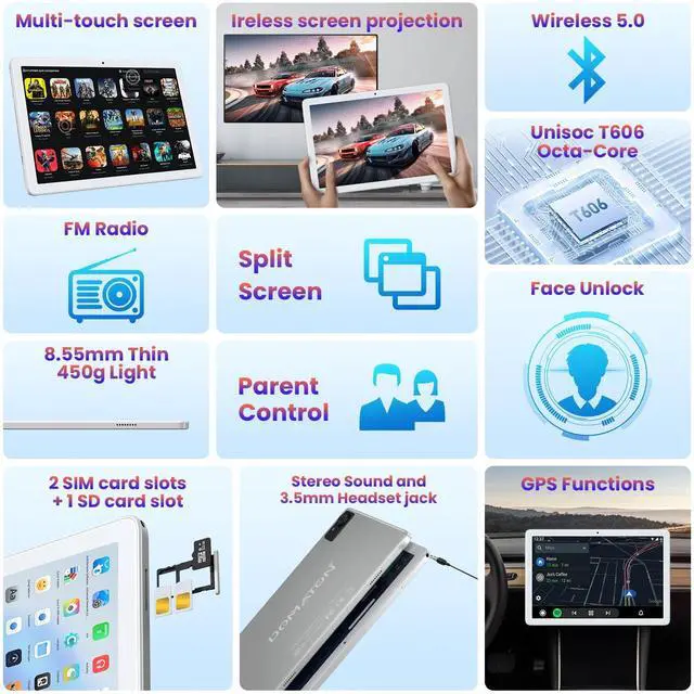 Alt view image 4 of 5 - DOMATON Tablet with Keyboard,2025 Android Tablets 14GB+128GB+1TB Expand, 10.1 Inch Tablet Octa-Core 2-in-1 Tablets with Incell Screen,5G WiFi & 4G LTE,7000 mAh,Face Unlock,Mouse,Case