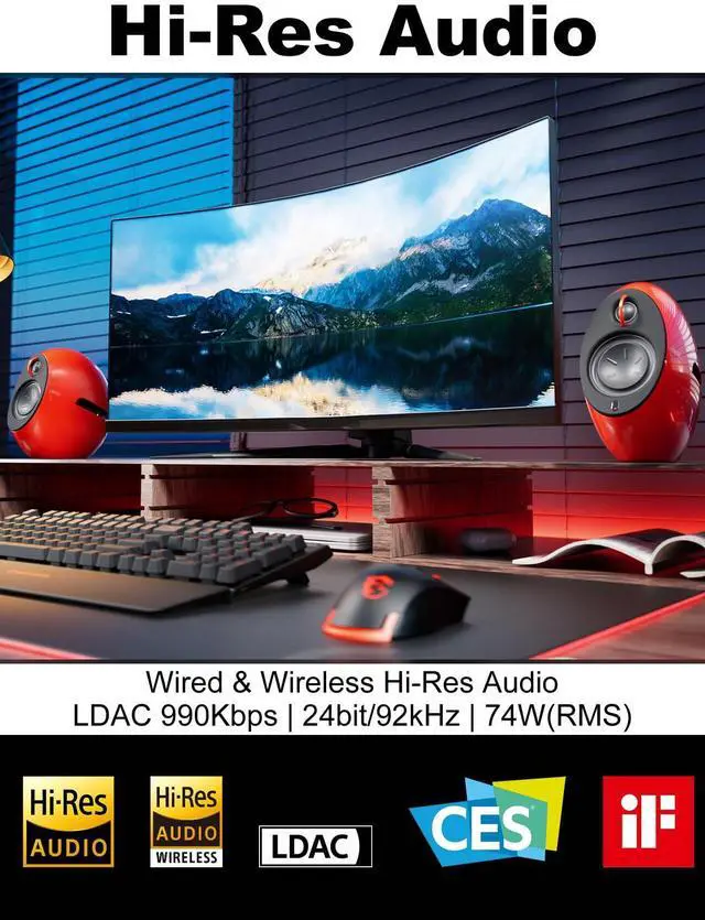 Alt view image 2 of 5 - Edifier e25HD PC Speakers with Passive Bass Radiators & Bluetooth 5.3 LDAC for Desktop - Optical Input- 74W Near Field Powered Bookshelf Hi-Res Speakers with 24bit/96KHz Wired & 990Kbps Wireless, Red
