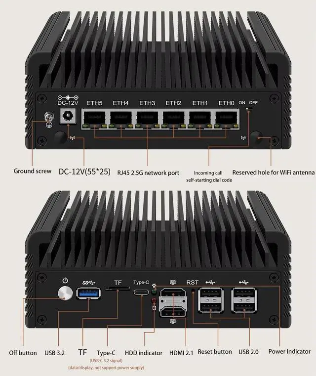 Alt view image 3 of 5 - 6 LAN 2.5G Firewall Router 12th Gen N150 6X i226-V Fanless Mini PC DDR5 2xHDMI2.1 USB3.2 Type-C pf-Sense Proxmox,8GB DDR5 128GB NVMe