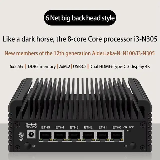 Alt view image 4 of 5 - 6 LAN 2.5G Firewall Router 12th Gen N150 6X i226-V Fanless Mini PC DDR5 2xHDMI2.1 USB3.2 Type-C pf-Sense Proxmox,8GB DDR5 128GB NVMe