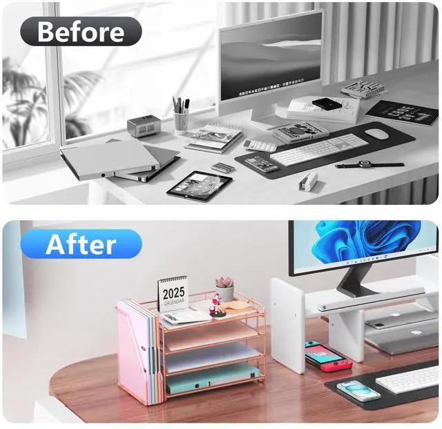Alt view image 2 of 5 - gianotter Monitor Stand with Storage + 4-Tier Paper Organizer (Rose Gold)