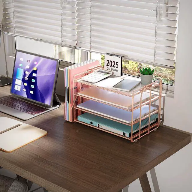 Alt view image 5 of 5 - gianotter Monitor Stand with Storage + 4-Tier Paper Organizer (Rose Gold)