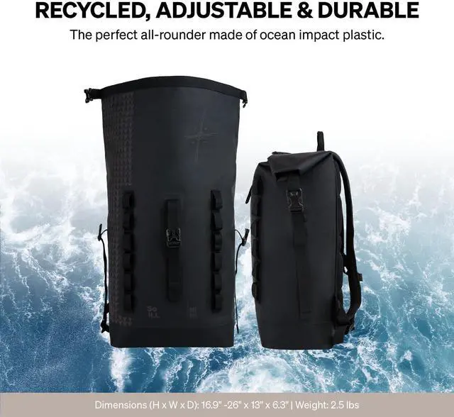 Alt view image 3 of 5 - GOT BAG Jason Momoa ROLLTOP Backpack | Durable 100% Recycled Ocean Impact Plastic(tm) | Ultra-Light Waterproof Fabric | 15" Laptop Sleeve (Black)