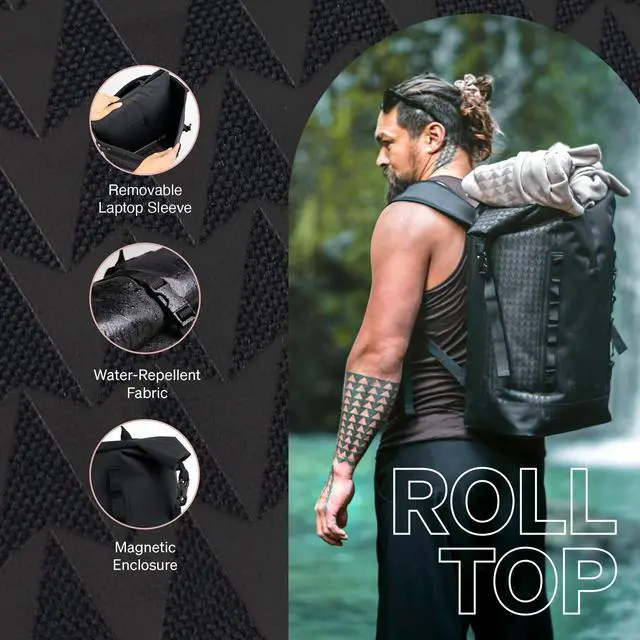 Alt view image 4 of 5 - GOT BAG Jason Momoa ROLLTOP Backpack | Durable 100% Recycled Ocean Impact Plastic(tm) | Ultra-Light Waterproof Fabric | 15" Laptop Sleeve (Black)