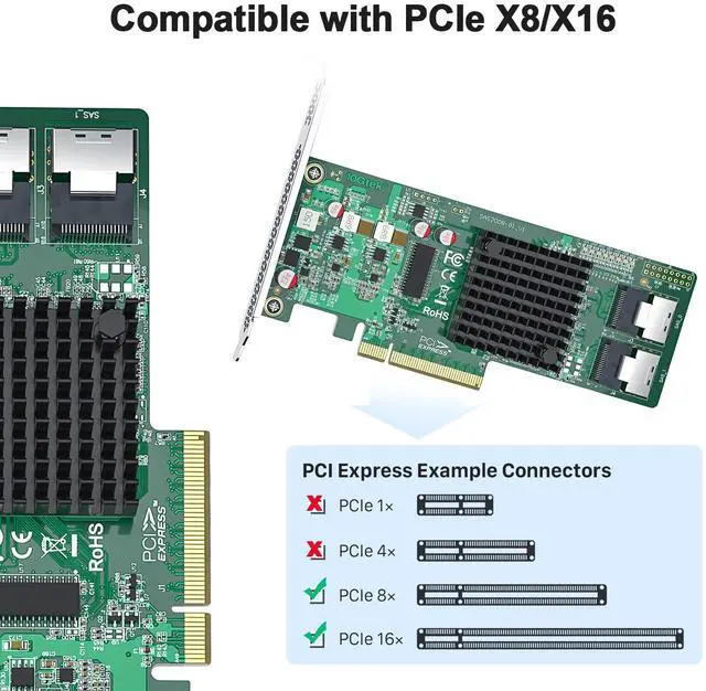 Alt view image 2 of 4 - H!Fiber LSI SAS 9211-8i RAID Controller Card, 6Gb/s Internal HBA Card, LSI SAS2008 Chip, PCI Express 2.0 X8, 2X Mini SAS SFF-8087 Ports
