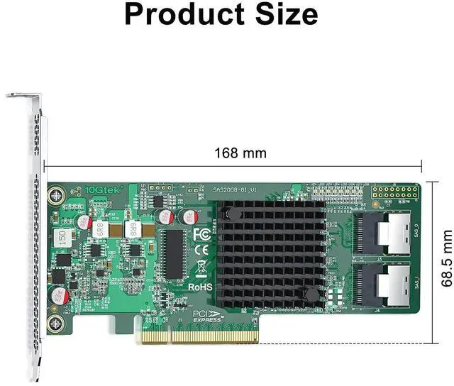Alt view image 3 of 4 - H!Fiber LSI SAS 9211-8i RAID Controller Card, 6Gb/s Internal HBA Card, LSI SAS2008 Chip, PCI Express 2.0 X8, 2X Mini SAS SFF-8087 Ports