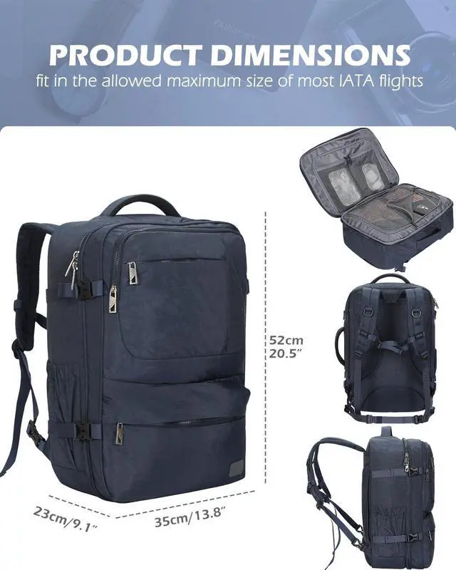 Alt view image 2 of 5 - Hynes Eagle 44L Carry on Backpack Airline Approved Travel Backpack for Men Women Large Laptop Backpack 17 inch Nylon Backpack Overnight Weekender Duffel Bag Navy with 3PCS Packing Cubes
