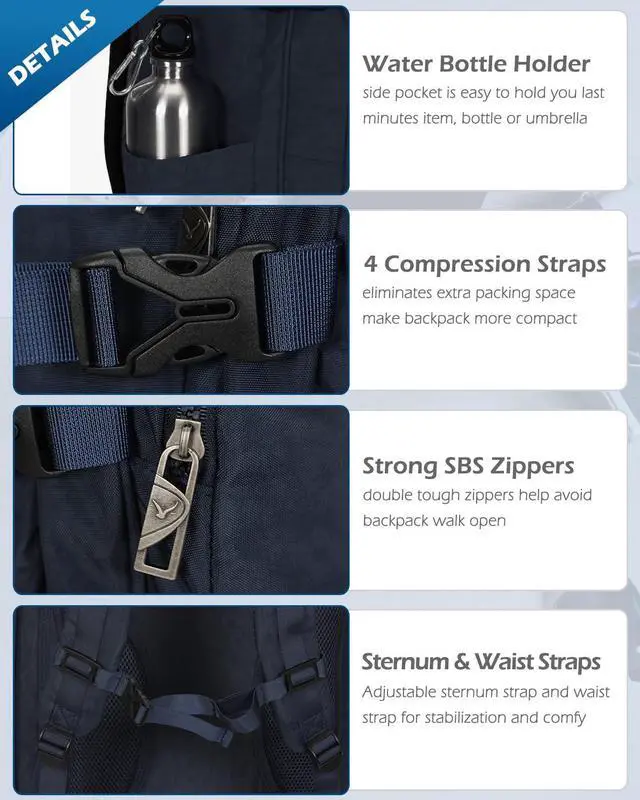 Alt view image 5 of 5 - Hynes Eagle 44L Carry on Backpack Airline Approved Travel Backpack for Men Women Large Laptop Backpack 17 inch Nylon Backpack Overnight Weekender Duffel Bag Navy with 3PCS Packing Cubes