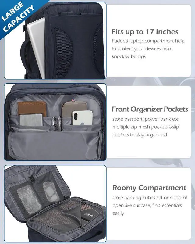 Alt view image 4 of 5 - Hynes Eagle 44L Carry on Backpack Airline Approved Travel Backpack for Men Women Large Laptop Backpack 17 inch Nylon Backpack Overnight Weekender Duffel Bag Navy with 3PCS Packing Cubes