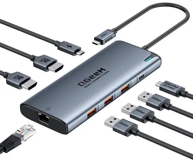 Main image of QGeeM USB C Hub,8 in 1 Extender Splitter with Single 8K,Dual 4K@60Hz HDMI for Thunderbolt 3/4/5,Multiport USB C to Ethernet Adapter for Type C Device,USB A 10Gbps Data,PD100W-M1/M2 only 1 Display