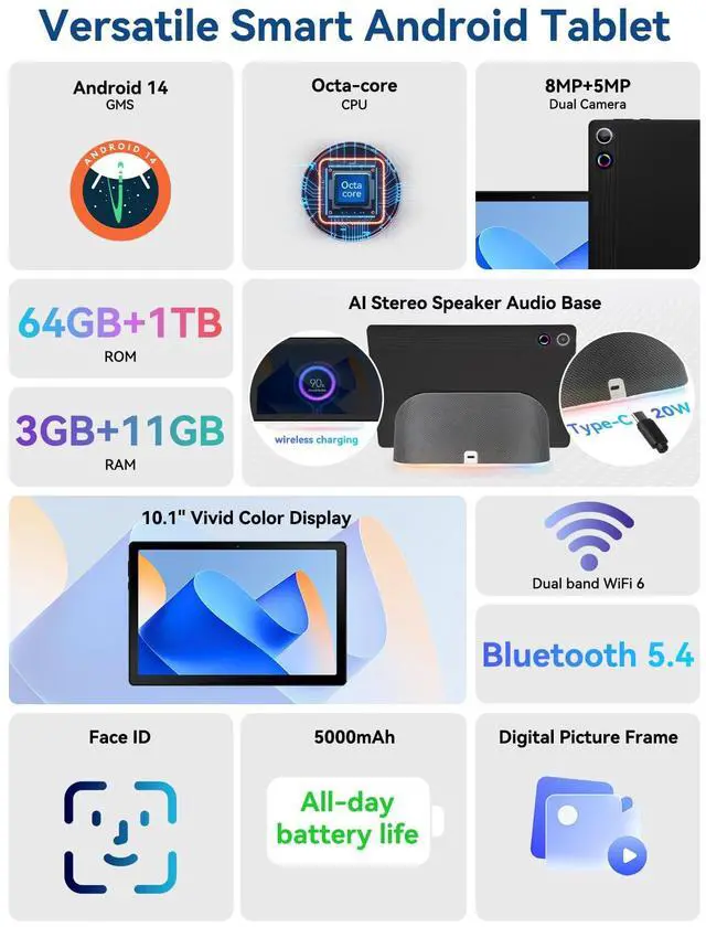 Alt view image 2 of 5 - Tablet, Android 14 Tablet, 10 inch Tablets with Rechargeable Stereo Speaker Audio Dock, HD IPS Touch Screen, Otca-Core, 14GB RAM 64GB ROM 1TB Expansion, Wi-Fi 6, BT 5.3, Dual Camera, Google Tab 2025