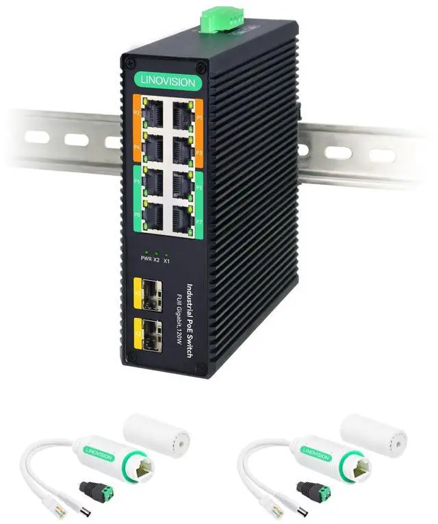 Main image of LINOVISION Industrial 8-Port Full Gigabit BT 90W POE Switch and DC12V Waterproof POE Splitter