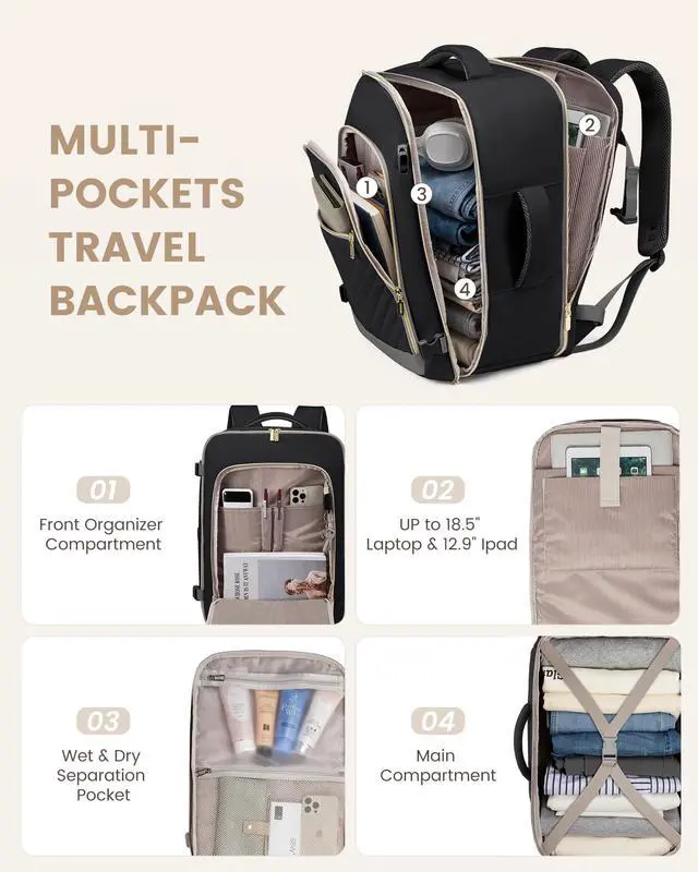 Alt view image 4 of 5 - LOVEVOOK Travel Backpack For Women,50L Carry On Backpack Flight Approved,TSA Personal Item Travel Bag Fits 18 Inch Laptop,Business Weekender Overnight Daypack 3 Packing Cubes