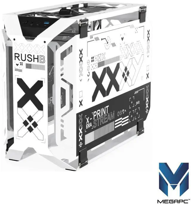 Alt view image 3 of 5 - MegaPC X-Era Open-Frame Mid-Tower Micro-ATX/Mini-ITX Gaming Case - Tempered Glass Panels, High Airflow, ARGB Lighting, USB-C Port (Black/White/Print Stream, with Fans Only)