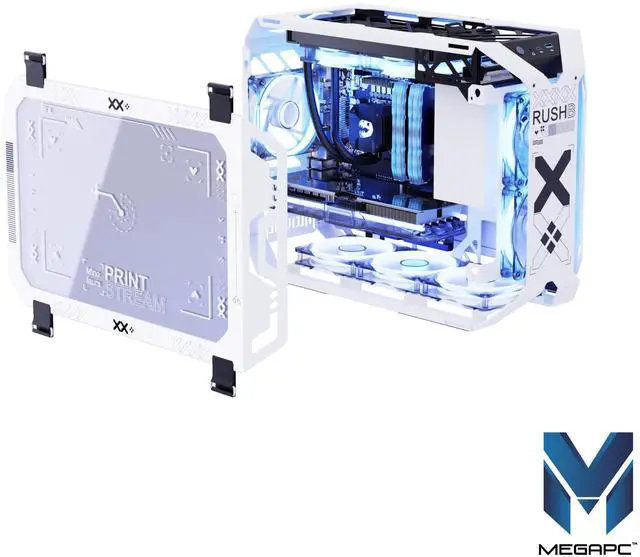 Alt view image 4 of 5 - MegaPC X-Era Open-Frame Mid-Tower Micro-ATX/Mini-ITX Gaming Case - Tempered Glass Panels, High Airflow, ARGB Lighting, USB-C Port (Black/White/Print Stream, with Fans Only)