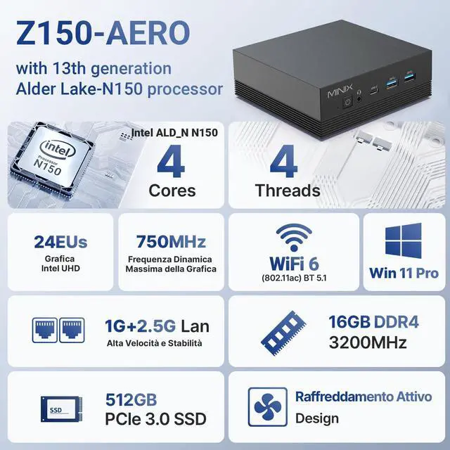 Alt view image 3 of 5 - MINIX Z150-Aero Mini PC, Intel N150 (Upgraded N100), 16GB DDR4, 512GB PCIe 3.0 NVMe SSD Micro Mini Computer, 4K Triple Display/1GB+2.5G Dual LAN/USB-C/WiFi 5/BT5.1/Vesa Mount/Auto Power On