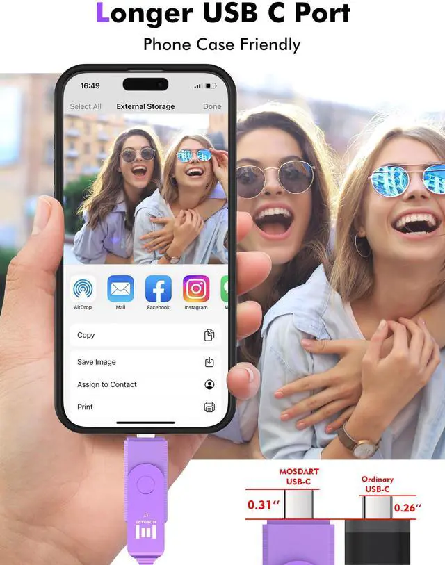 Alt view image 2 of 5 - MOSDART 1TB USB3.1 Fast Speed C and A Dual Flash Drive, exFAT Memory Stick with Keychain and LED Indicator, for iPhone 15 and 16, Android Phone, iPad, MacBook, and Other Laptops, Purple
