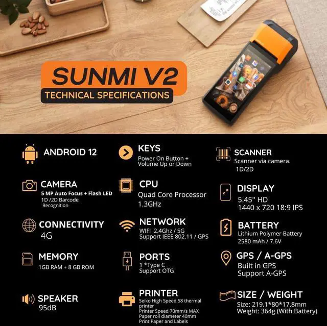 Alt view image 2 of 5 - Multzo POS PDA Receipt Printer 58mm High Speed Thermal Printer with Android 12, 5.45'' Touch Screen. Handheld Mobil SUNMI Point of Sale Tablet. Scan 1D/2D barcodes. (Black + Orange)
