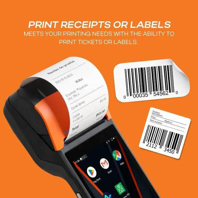 Alt view image 5 of 5 - Multzo POS PDA Receipt Printer 58mm High Speed Thermal Printer with Android 12, 5.45'' Touch Screen. Handheld Mobil SUNMI Point of Sale Tablet. Scan 1D/2D barcodes. (Black + Orange)