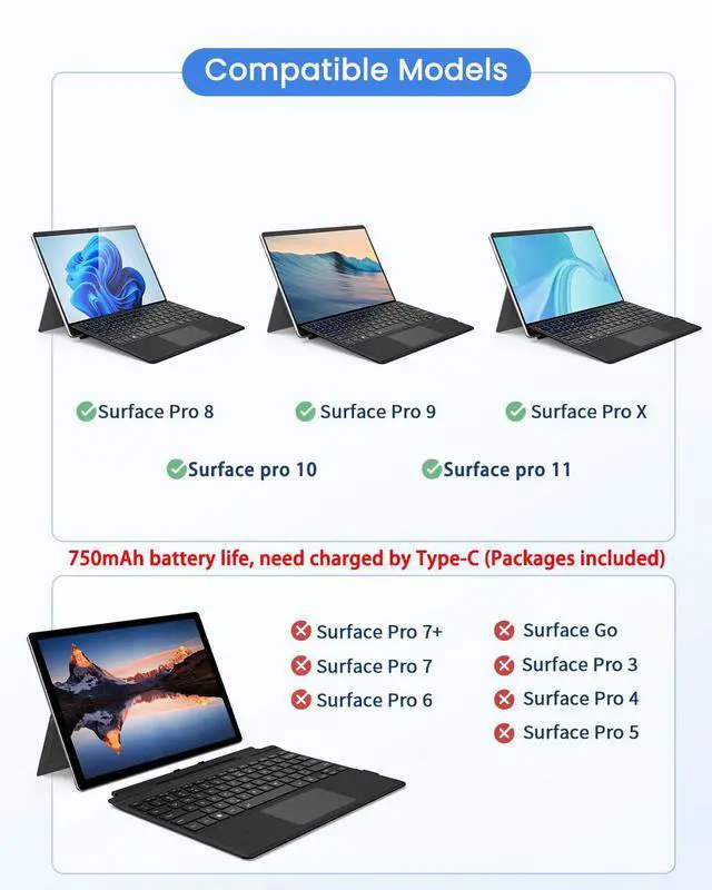 Alt view image 2 of 5 - Surface Pro Keyboard, Wireless Type Cover for Microsoft Surface Pro 11/10/9/8/X, Ultra-Slim Portable Magnetic Bluetooth Keyboard with 7 Color Backlit, Pen Holder, Rechargeable Battery, Trackpad