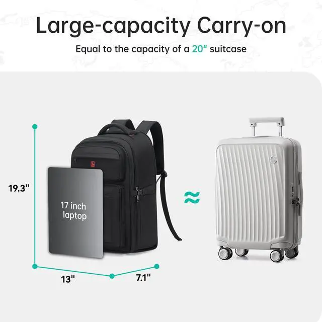 Alt view image 3 of 5 - OIWAS 17.3 inch Rolling Backpack with Wheels, Travel Wheeled Laptop Backpack with Wheels for Adults, Carry on Luggage Business Roller Computer Bag Work Trolley Suitcase Men Women Black
