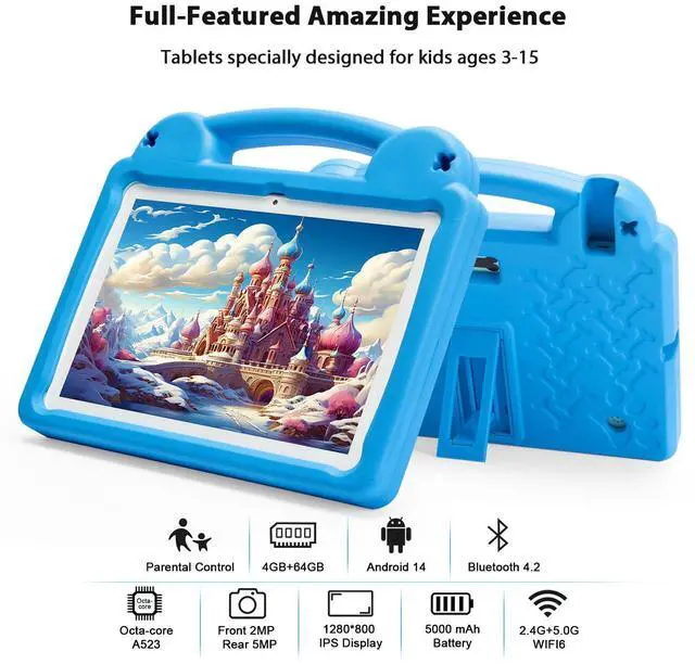 Alt view image 2 of 5 - paitanry Kids Tablet 10 Inch - Octa-Core, 8GB RAM (4+4) 64GB ROM, IPS HD 1280x800, WiFi 6, GMS - Android 14 Tablet for Kids with Parental Control, Kids Content & Eye Protection, EVA Case (Blue)